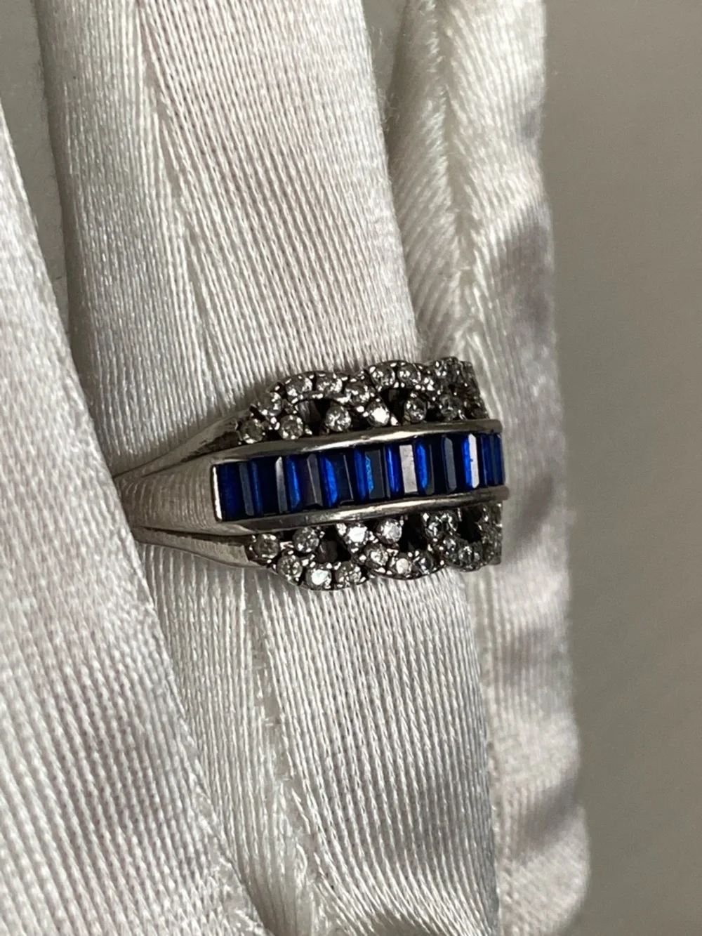 18K White Gold Plated Lab Blue Sapphire & 1/4 TCW Diamond Filigree Ring Sz 7